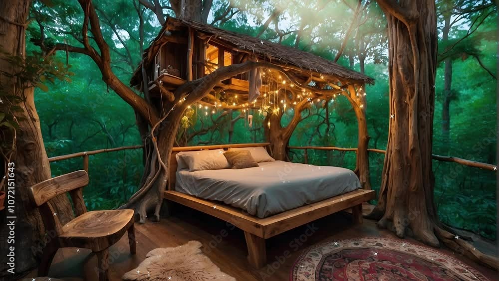 A treehouse bed made of wood, surrounded by trees and string lights ...
