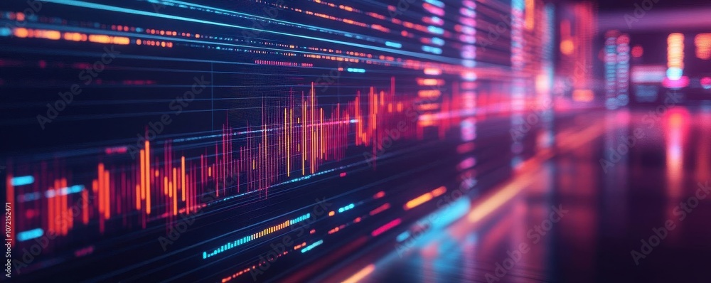 A vibrant digital landscape featuring an abstract visualization of data with glowing lines and colorful waveforms. A vibrant digital landscape featuring an abstract visualization of data with glowing lines and colorful waveforms.