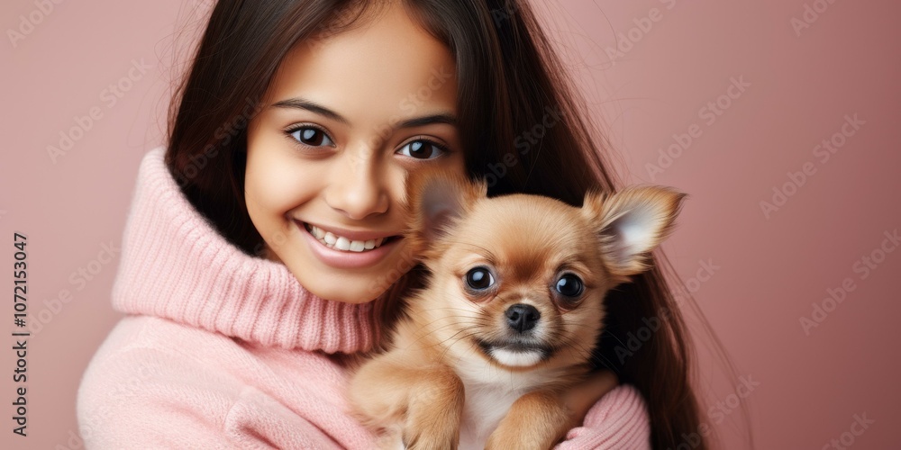 A smiling girl hugging a chihuahua puppy A smiling girl hugging a chihuahua puppy