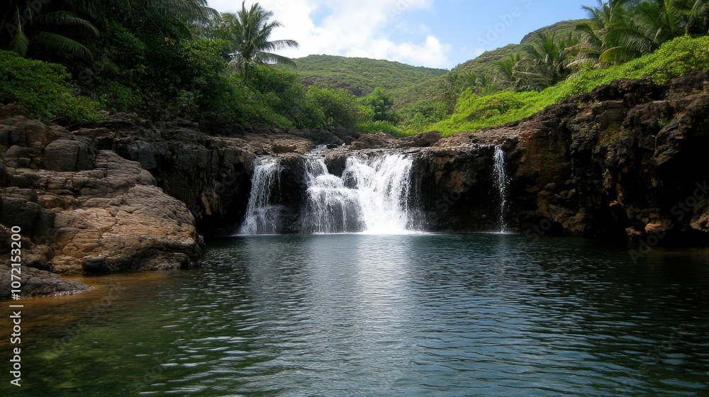 Fototapeta premium serene waterfall cascading into tranquil pool surrounded by lush greenery