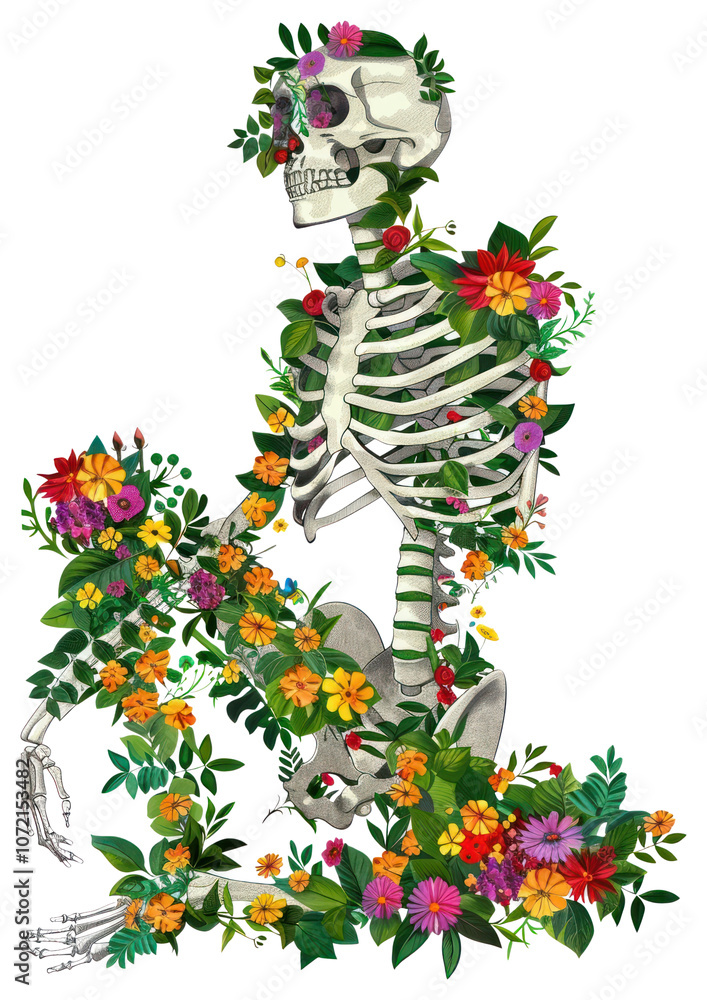 PNG Skeleton adorned with vibrant flowers PNG Skeleton adorned with vibrant flowers