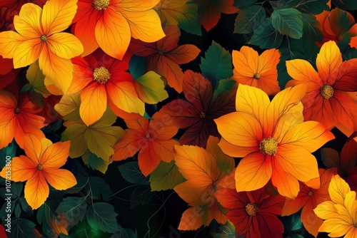 Wallpaper Mural Vibrant floral pattern with orange, yellow, red flowers and green leaves Torontodigital.ca