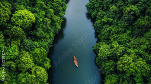 small boat floats peacefully on serene river surrounded by lush greenery