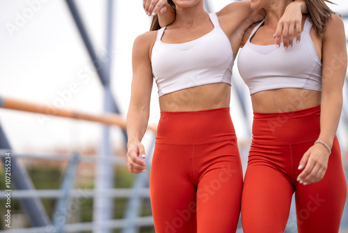 Fit women doing plank exercise together on bridge, enjoying outdoor fitness routine photo