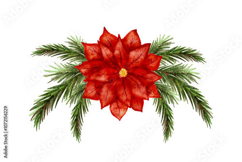 Watercolor vibrant red poinsettia is nestled among fresh green pine leaves, perfect for holiday decorations.