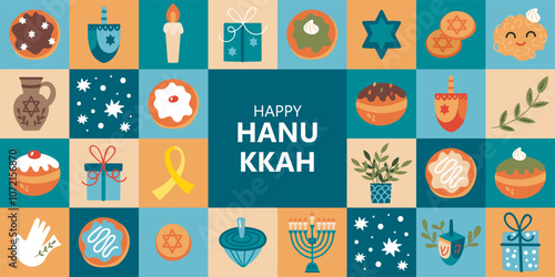 Jewish holiday Hanukkah banner design with cute hand drawn elements. Childish print for stickers, cards and invitation. Vector illustration