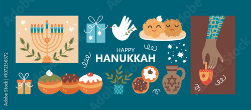Jewish holiday Hanukkah banner design with cute hand drawn elements. Childish print for stickers, cards and invitation. Vector illustration