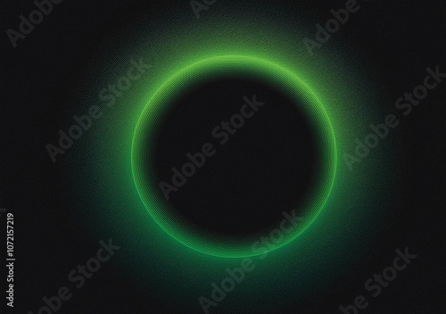 Glowing green light ring black background grainy gradient noise texture poster banner backdrop abstract design, copy space