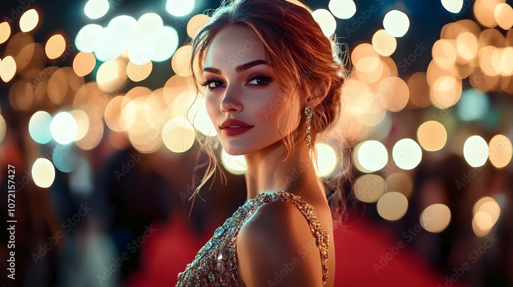 Glamorous Woman on Red Carpet with Bokeh Lights Glamorous Woman on Red Carpet with Bokeh Lights