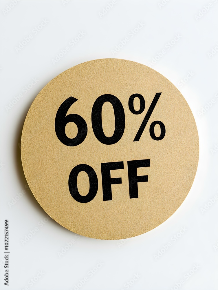 Black '60% OFF' Text on a Light Brown Round Paper Note. White Background Black '60% OFF' Text on a Light Brown Round Paper Note. White Background