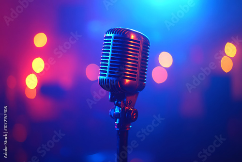 Close-up of a Professional vintage microphone on stage with a colorful Neon bokeh lights background, in a blue and purple color tone, podcast or live radio show, perfect for content creators recording