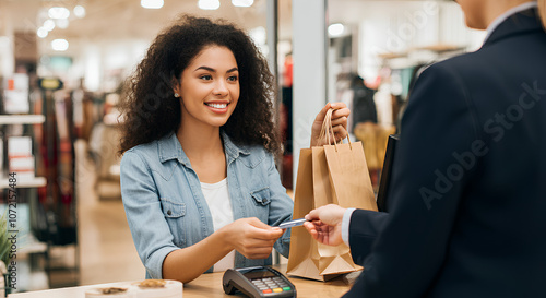 A smiling woman hands her credit card to a cashier while holding shopping bags in a store.