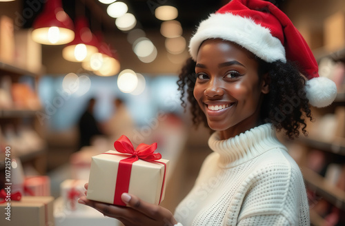 woman in santa claus hat wraps christmas gift