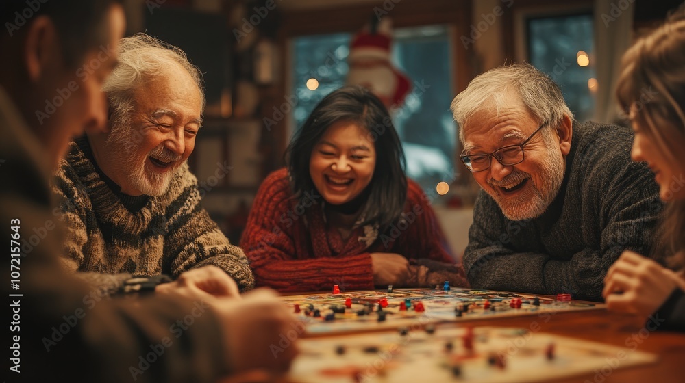 A group of seniors laugh and play a board game together on a snowy evening. A group of seniors laugh and play a board game together on a snowy evening.