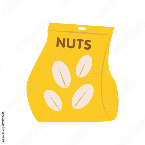 Nuts in package in flat design. Peanut, almond, hazelnut snack in pack. Vector illustration isolated.