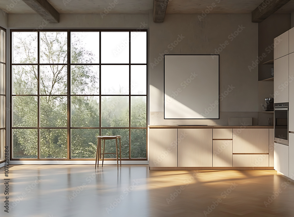 Modern kitchen interior with blank canvas and large windows. 3D Rendering Modern kitchen interior with blank canvas and large windows. 3D Rendering