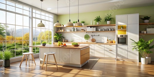 Captivating Minimalist Kitchen Space Bathed in Sunlight Featuring Clean Lines and a Harmonious Design Aesthetic for Modern Living Spaces photo