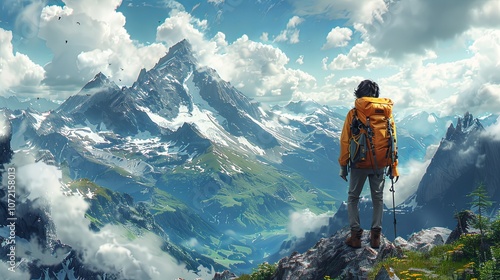 A solo traveler with a large backpack treks through a mountain pass, surrounded by towering peaks and a valley below. Their face shows determination as they continue on their adventure, embracing the 