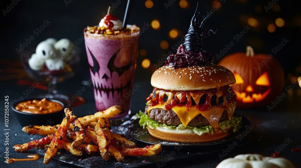 Halloween Burger with Fries and Milkshake. Halloween Burger with Fries and Milkshake.