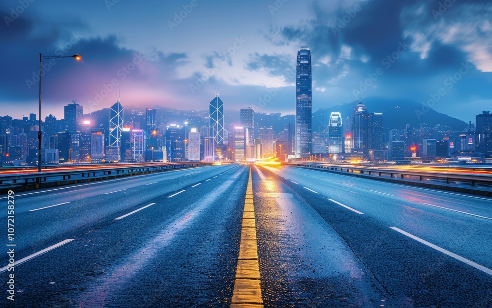 Naklejka premium Hong Kong city night view with empty highway in the foreground