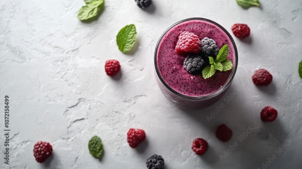 Mixed Berry Chia Pudding in Clear Glass Jar: Fresh Mint and Scattered Berries, Clean Commercial Composition with Negative Space and Sharp Focus on Light Gray Surface. Mixed Berry Chia Pudding in Clear Glass Jar: Fresh Mint and Scattered Berries, Clean Commercial Composition with Negative Space and Sharp Focus on Light Gray Surface.