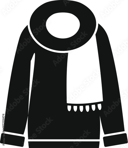 Black and white simple vector icon of a warm winter sweater and scarf, perfect for representing cold weather and staying cozy