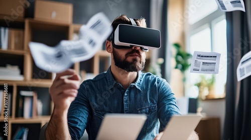 Engaging with Virtual Reality as Unpaid Bills and Notifications Float Around in a Digital Workspace Environment photo