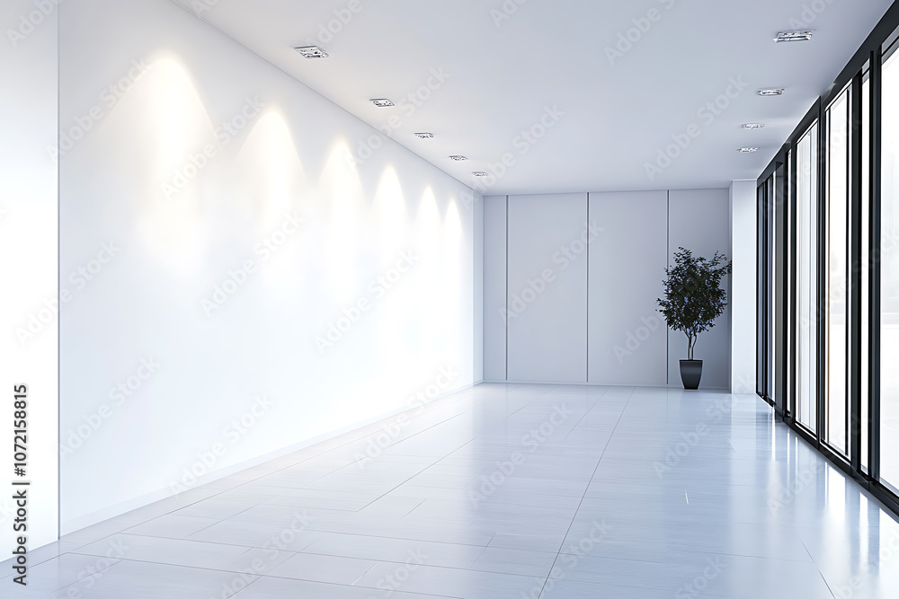 Modern gallery interior with white walls and tile flooring. 3D Rendering Modern gallery interior with white walls and tile flooring. 3D Rendering