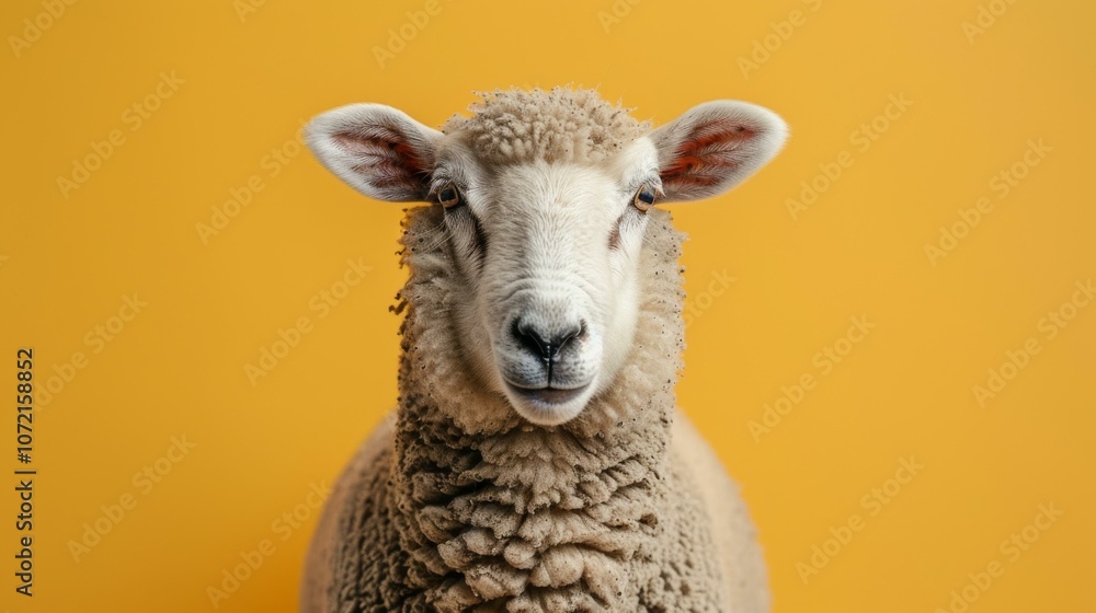 Fototapeta premium Close-up portrait of a sheep against a yellow background