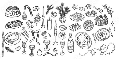 Christmas dinner, New Year's food, vintage table setting. Festive menu with meal and drinks, dishes and glasses. Outline ink doodle