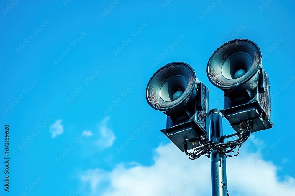 Close-up of two loudspeakers on a pole with a blue sky background.
Close-up of two loudspeakers on a pole with a blue sky background.