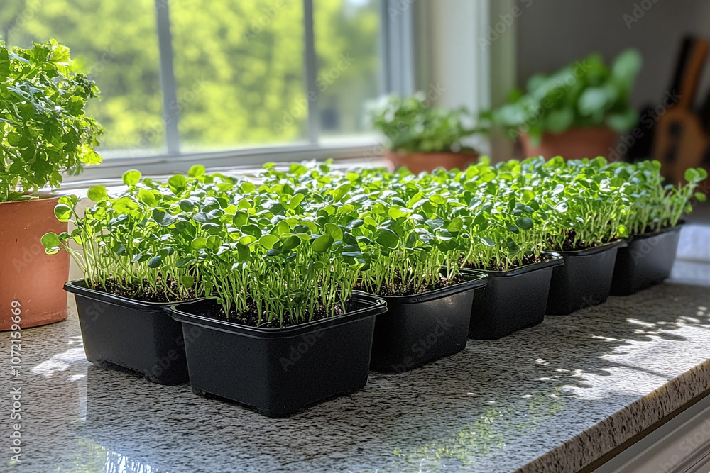 Picture of Home grown microgreens on a kitchen countertop next to a window. Stock ...