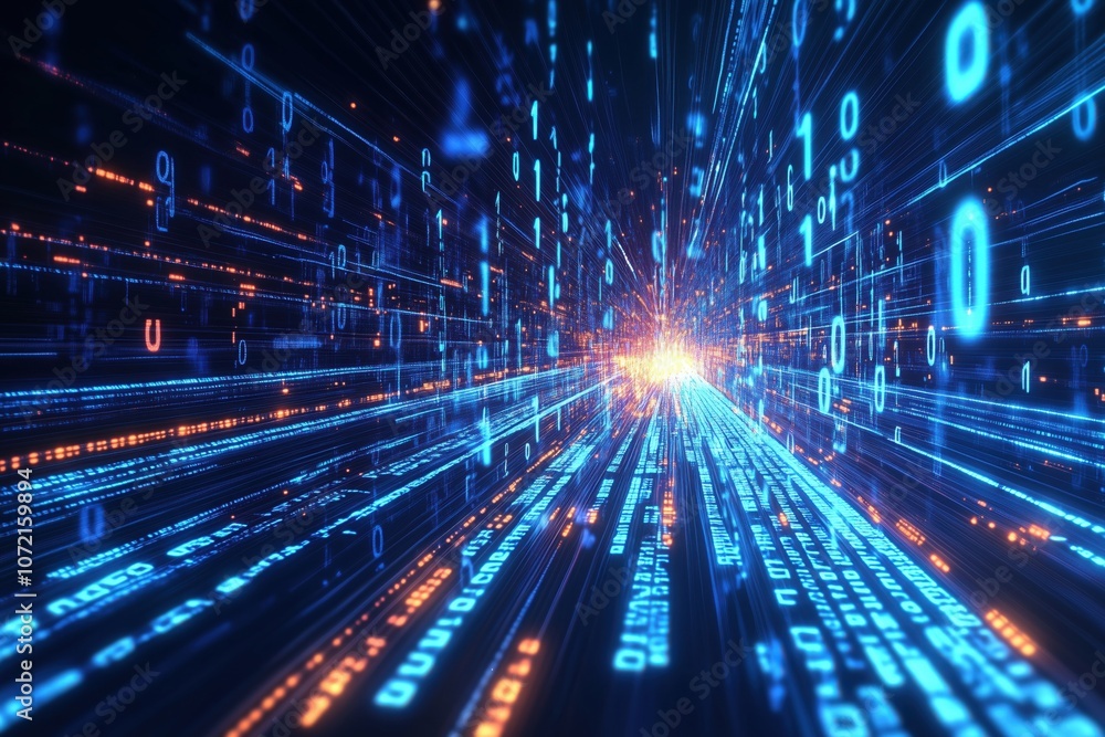 Digital data stream with binary code, glowing particles, and perspective depth Digital data stream with binary code, glowing particles, and perspective depth