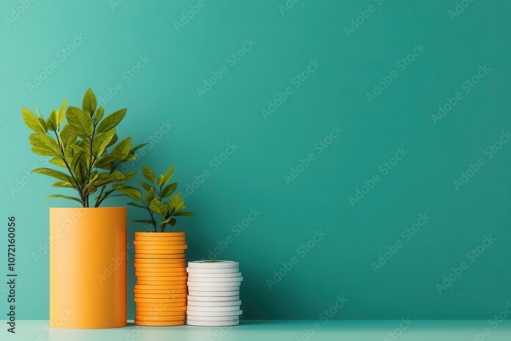 A bright green background features stacked white and orange planters with leafy plants, creating a fresh and modern aesthetic. A bright green background features stacked white and orange planters with leafy plants, creating a fresh and modern aesthetic.