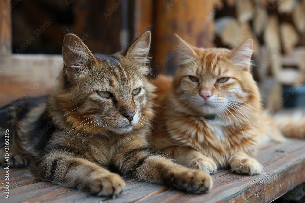 Two cats are lying on a wooden floor Two cats are lying on a wooden floor