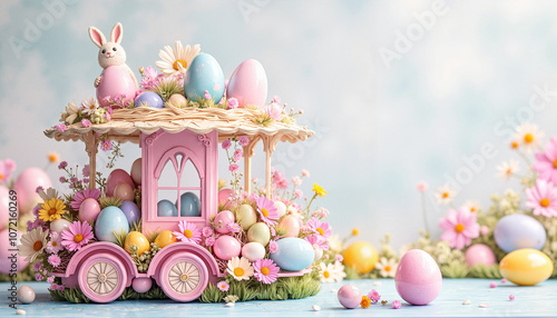 Colorful Easter parade display with eggs and bunny decor