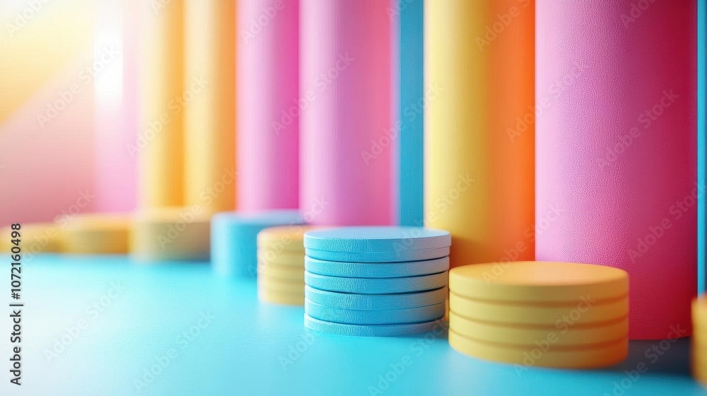 Brightly colored cylindrical and circular shapes arranged aesthetically on a vibrant background, creating a playful and modern vibe. Brightly colored cylindrical and circular shapes arranged aesthetically on a vibrant background, creating a playful and modern vibe.