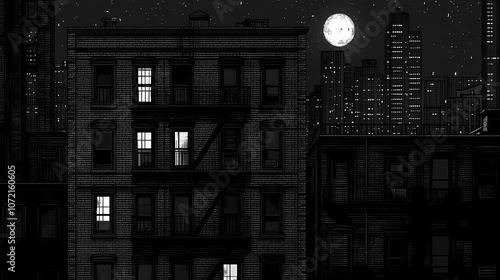 Wallpaper Mural Noir city scenery background, scenery high contrast retro buildings window patterns of light, mystery novel paranoia lonely urban architecture film noir (generative ai, ai). Noir. Illustration Torontodigital.ca