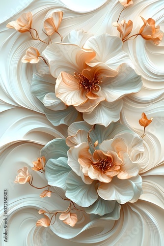 A beautiful arrangement of pastel-colored flowers in soft hues of peach and cream, surrounded by fluid, swirling backgrounds that enhance the serene and elegant mood.