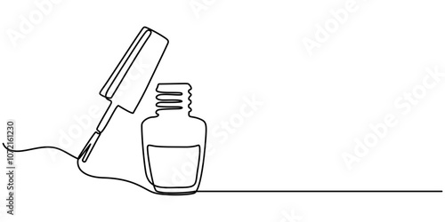Nail varnish one line drawing on white isolated background for store, banner and business card. Linear art. Vector illustration, Bottle of nail polish as one line drawing banner. Continuous hand drawn