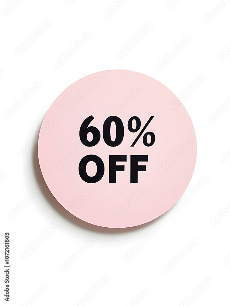Black '60% OFF' Text on a Light Pink Round Paper Note. White Background Black '60% OFF' Text on a Light Pink Round Paper Note. White Background