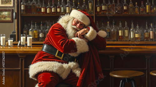 A painting of a man in a santa suit sitting at a bar photo