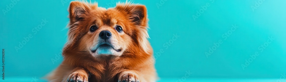 Fluffy chow chow with a wrinkly face on a solid blue background, adorable and majestic Fluffy chow chow with a wrinkly face on a solid blue background, adorable and majestic