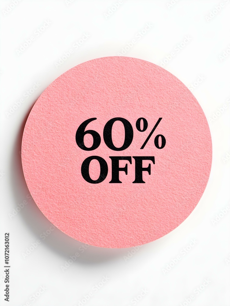 Black '60% OFF' Text on a Light Red Round Paper Note. White Background Black '60% OFF' Text on a Light Red Round Paper Note. White Background