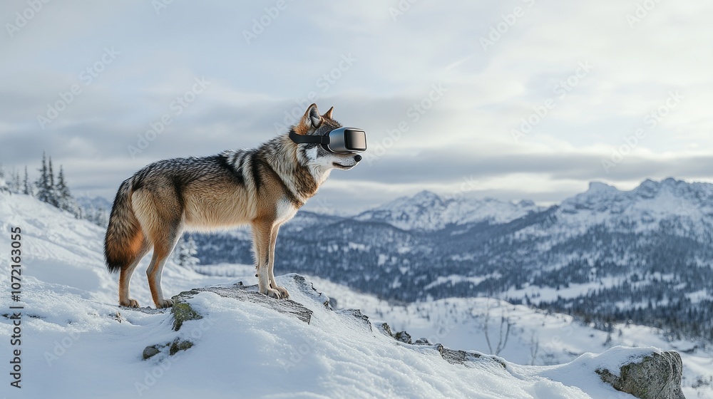 Obraz premium A wolf wearing a virtual reality headset stands on a snowy mountain, looking into the distance
