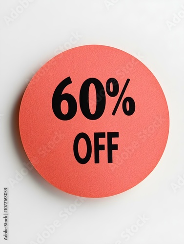 Black '60% OFF' Text on a Light Red Round Paper Note. White Background 