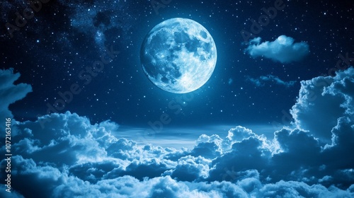 A large blue moon is shining brightly in the night sky