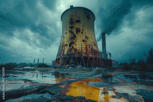 An abandoned and dilapidated power plant with a cooling tower looming in the background photo