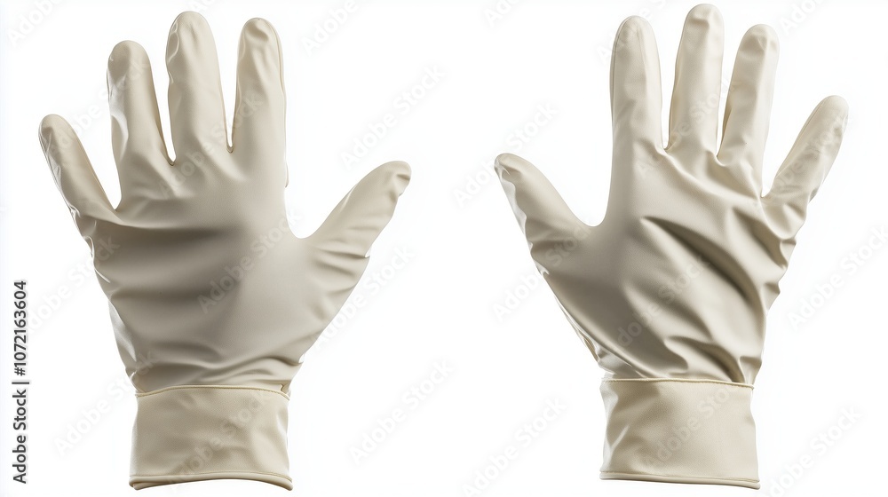Obraz premium Two white gloves are shown, one on the left and one on the right. The gloves are worn by a person, and they appear to be in a medical setting