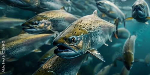 A school of salmon fish swimming underwater in a river or ocean
